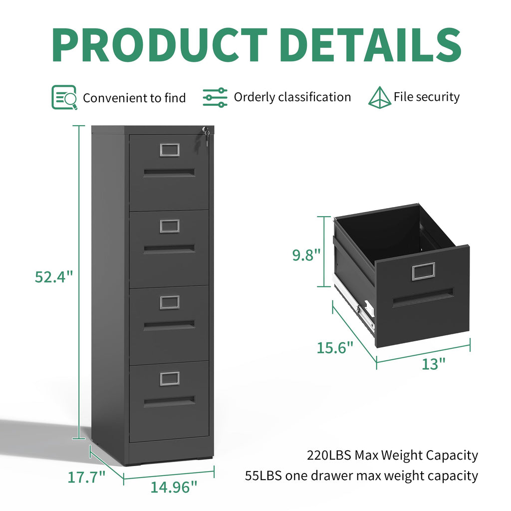 Black 4 Drawer Steel File Cabinet with Lock V9649