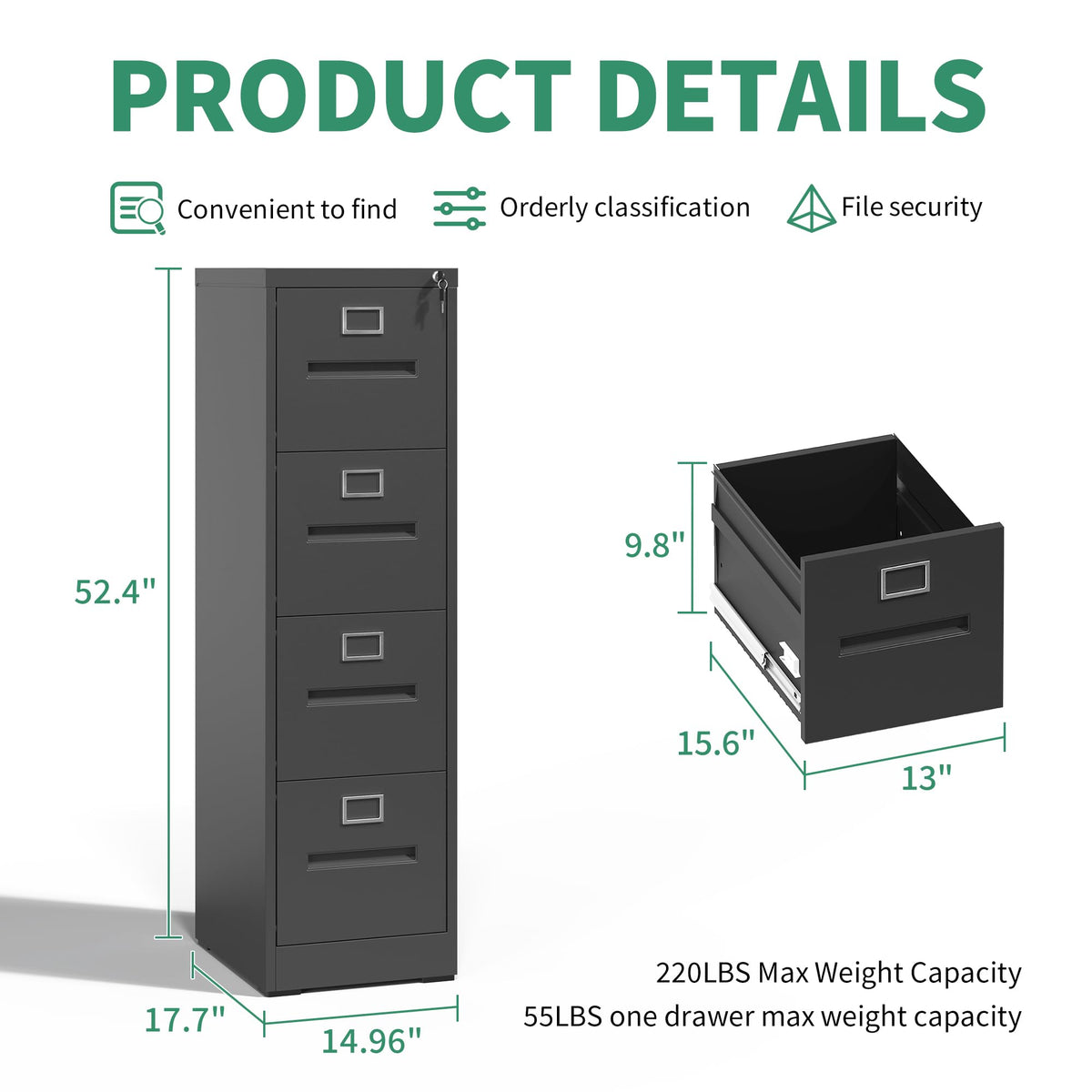 Black 4 Drawer Steel File Cabinet with Lock V9649