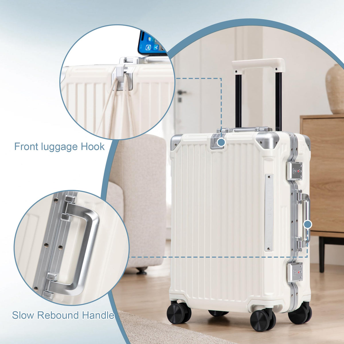 20 Inch White ABS Hardside Spinner Luggage with USB Port T277