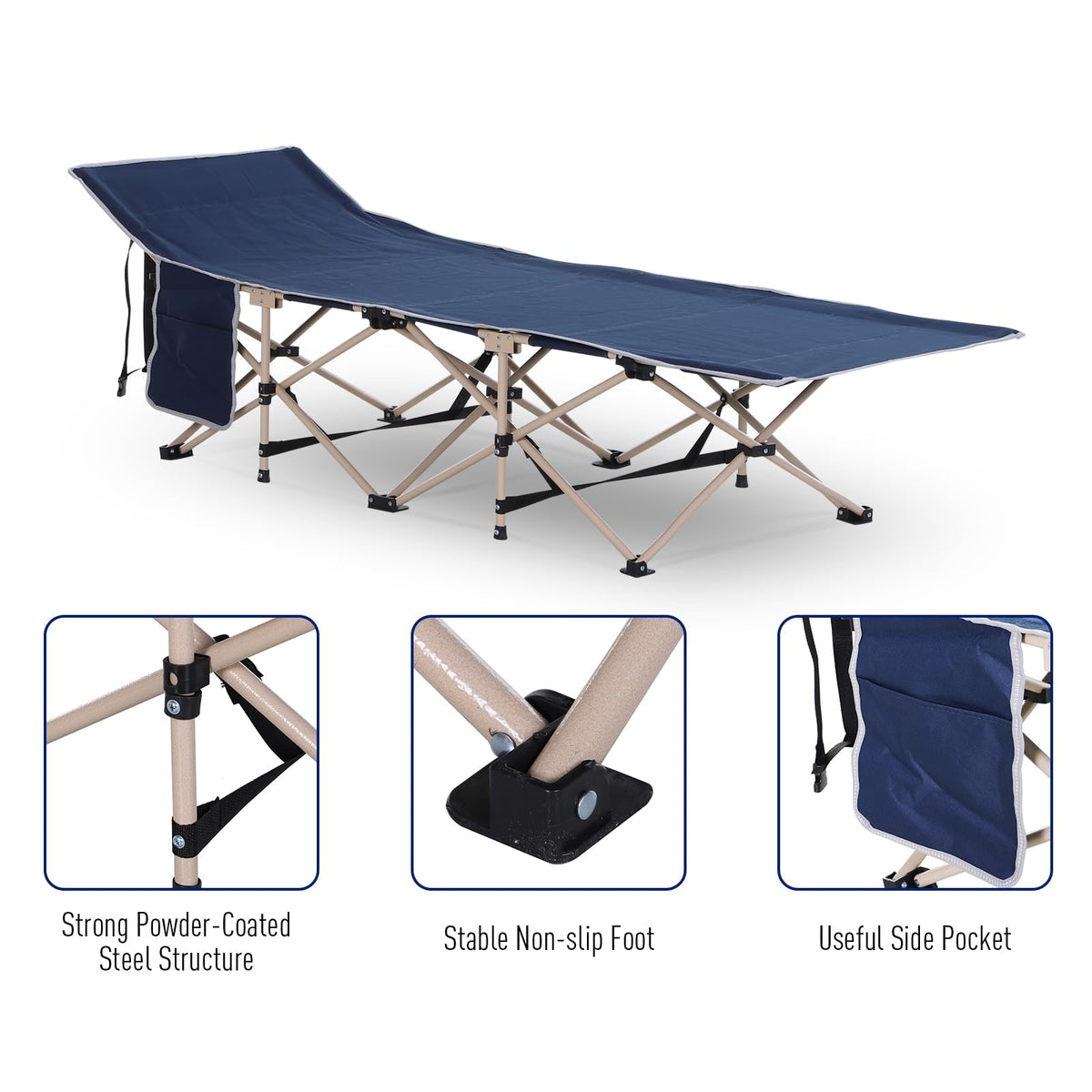 Folding Camping Cot with Carry Bag, Side Pocket, Blue D1709