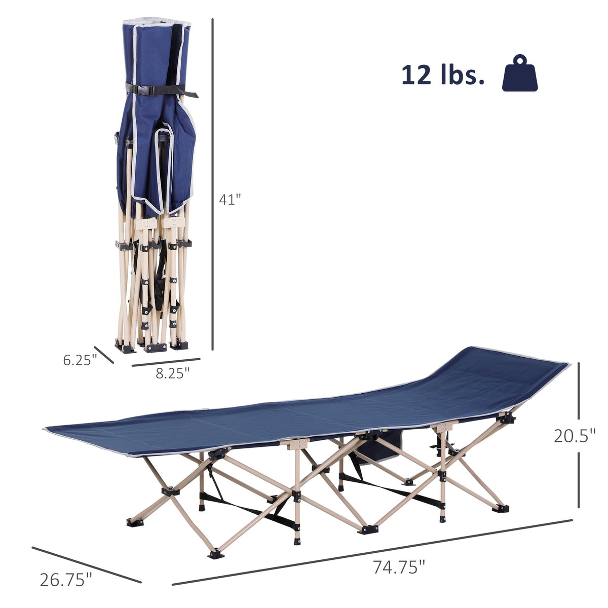 Folding Camping Cot with Carry Bag, Side Pocket, Blue D1709