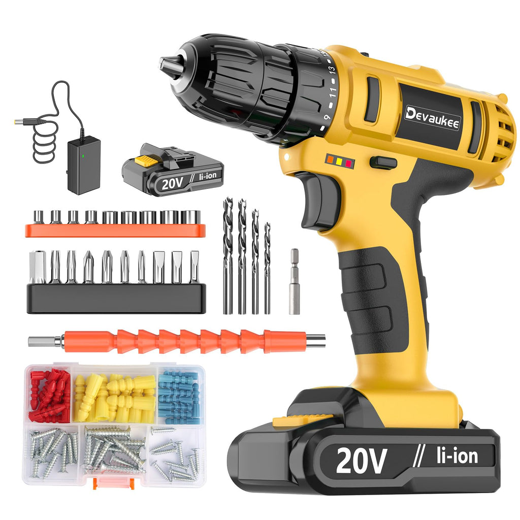 Cordless Drill Driver Kit, 20V Electric Drill with Battery and Charger, 18+3 Torque Setting, 2 Speeds, 3/8" Keyless Chuck Compact Power Drill Set with Drill Bits W5736