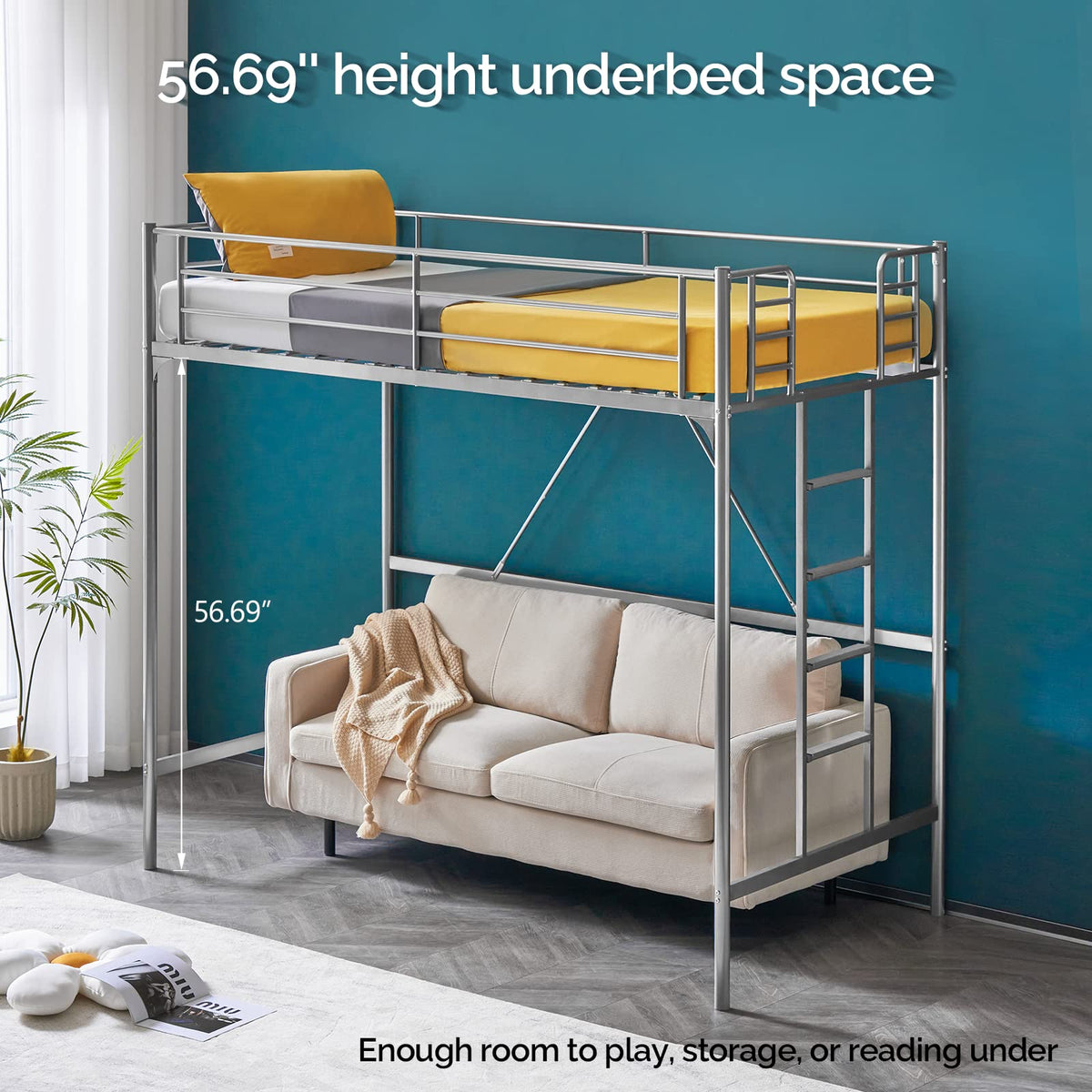 71 Inches Tall Twin Size Metal Loft Bed with Ladder and Safety Guard Rails, Gray L872779