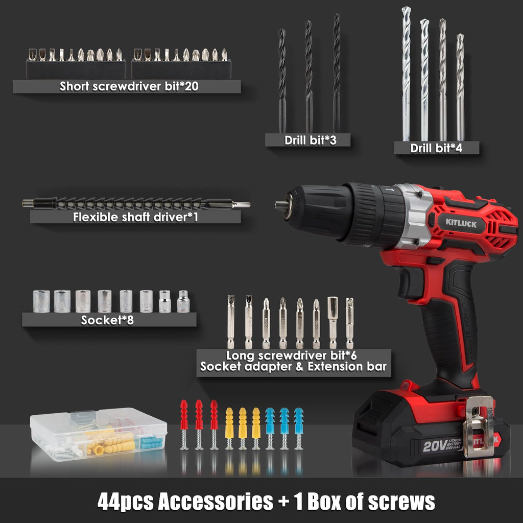 Cordless Drill Set 20V 2 Battery 44pcs Bits 3/8'' Chuck I4810