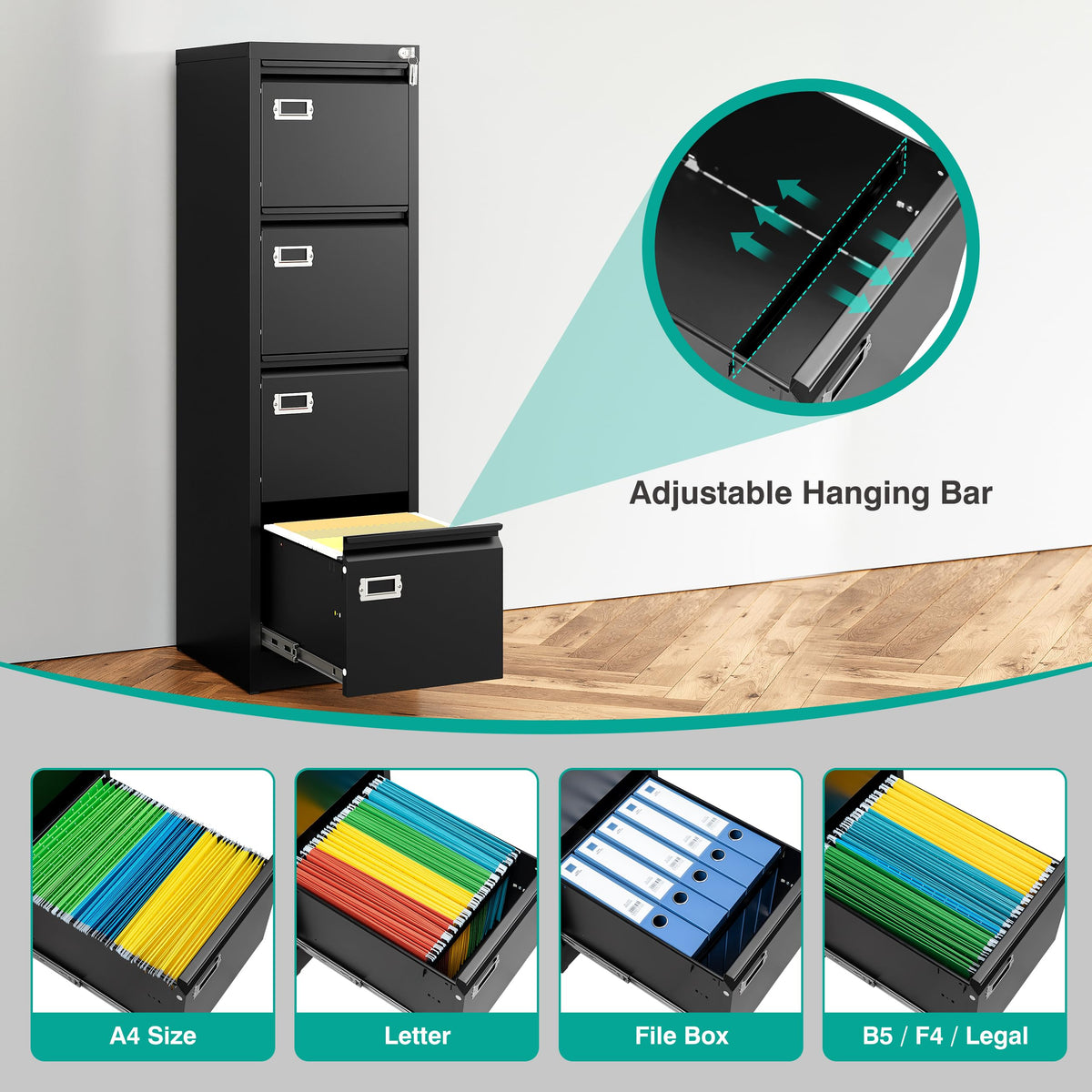 4 Drawer Black Metal File Cabinet with Lock S214