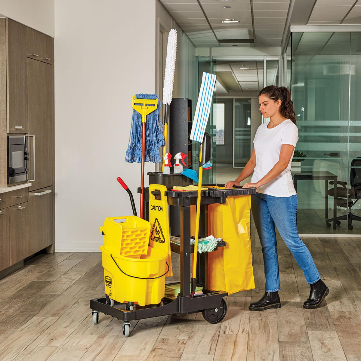3-Shelf Wheeled Cleaning Cart with Yellow Vinyl Bag E510
