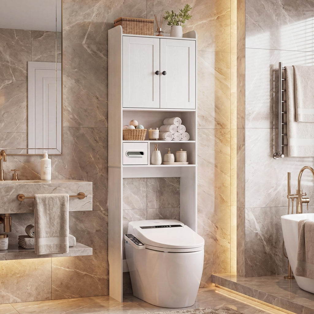 White Over the Toilet Storage Cabinet with Adjustable Shelves E6826