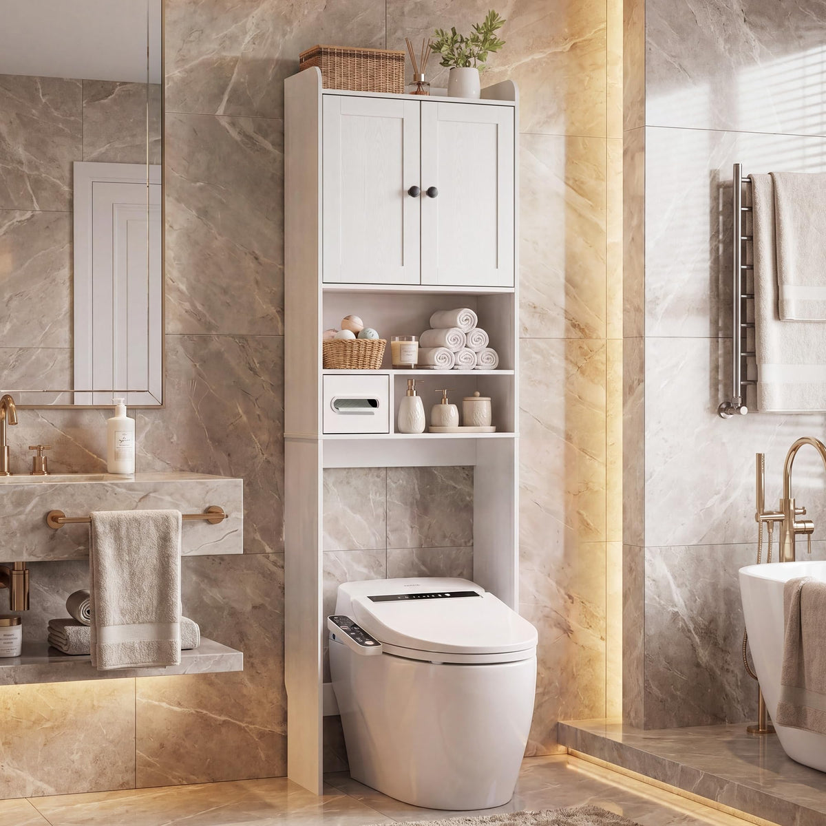 White Over the Toilet Storage Cabinet with Adjustable Shelves E6826
