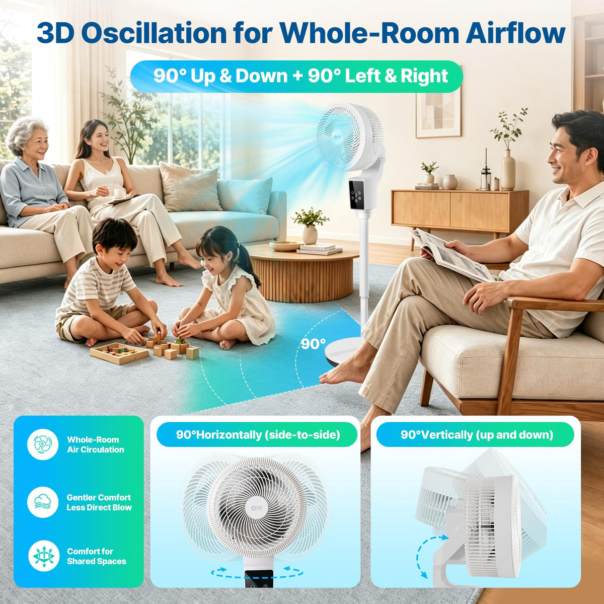 Oscillating Fan, 360° Air Circulator Pedestal Fan, 43.3” Adjustable Height R9667