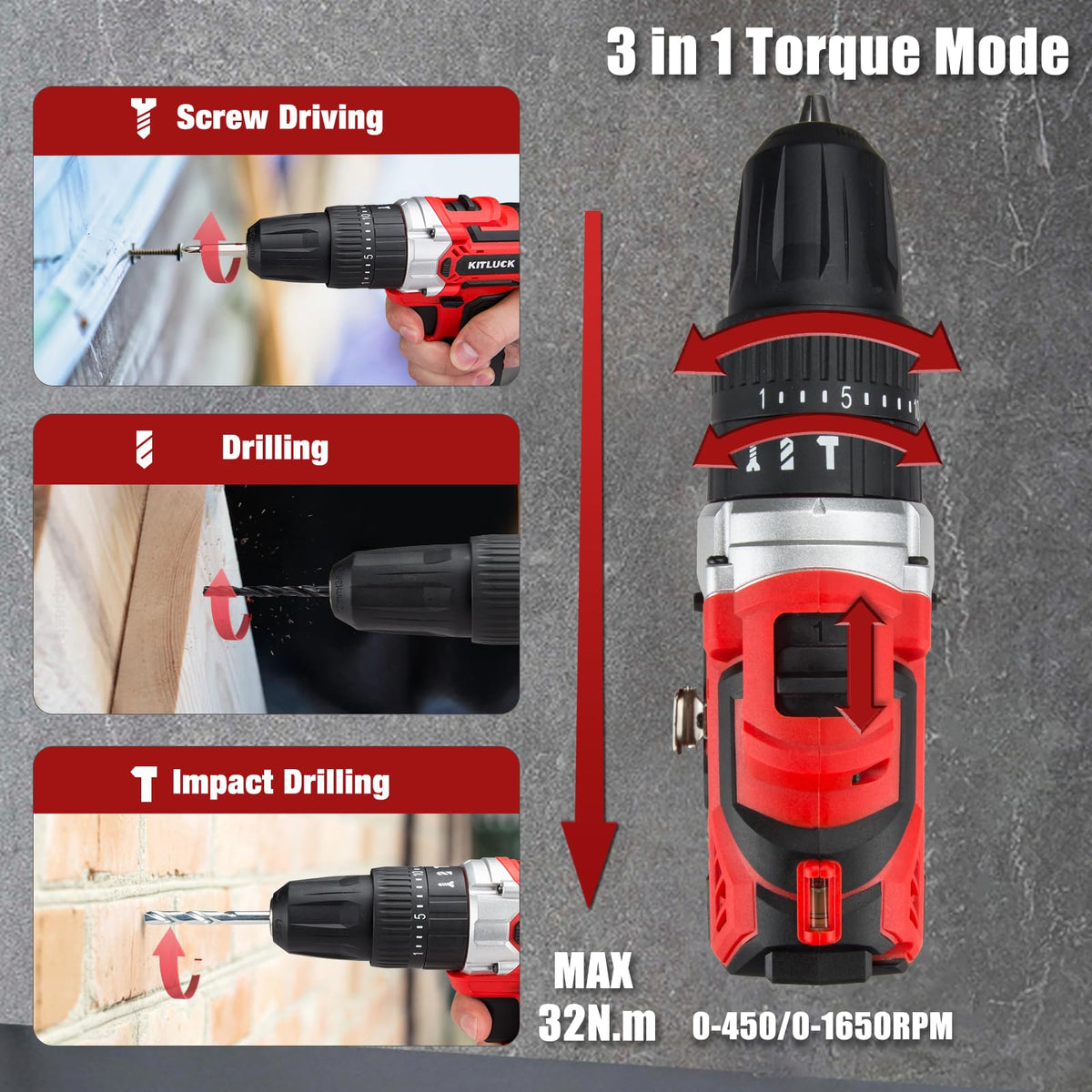 Cordless Drill Set 20V 2 Battery 44pcs Bits 3/8'' Chuck I4810
