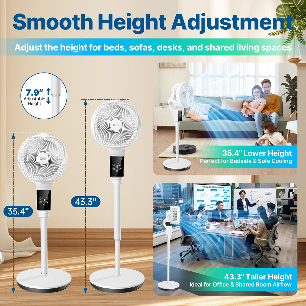 Oscillating Fan, 360° Air Circulator Pedestal Fan, 43.3” Adjustable Height R9667