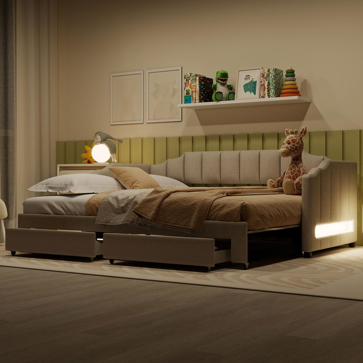 Linen Upholstered Daybed with Trundle and 2 Storage Drawers J88594