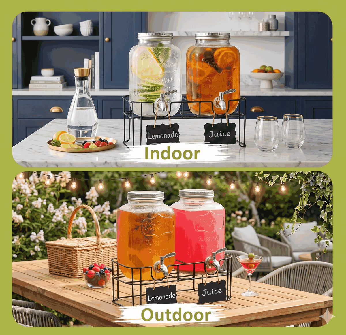 2-Pack 1-Gallon Glass Drink Dispensers with Wire Stand T479053