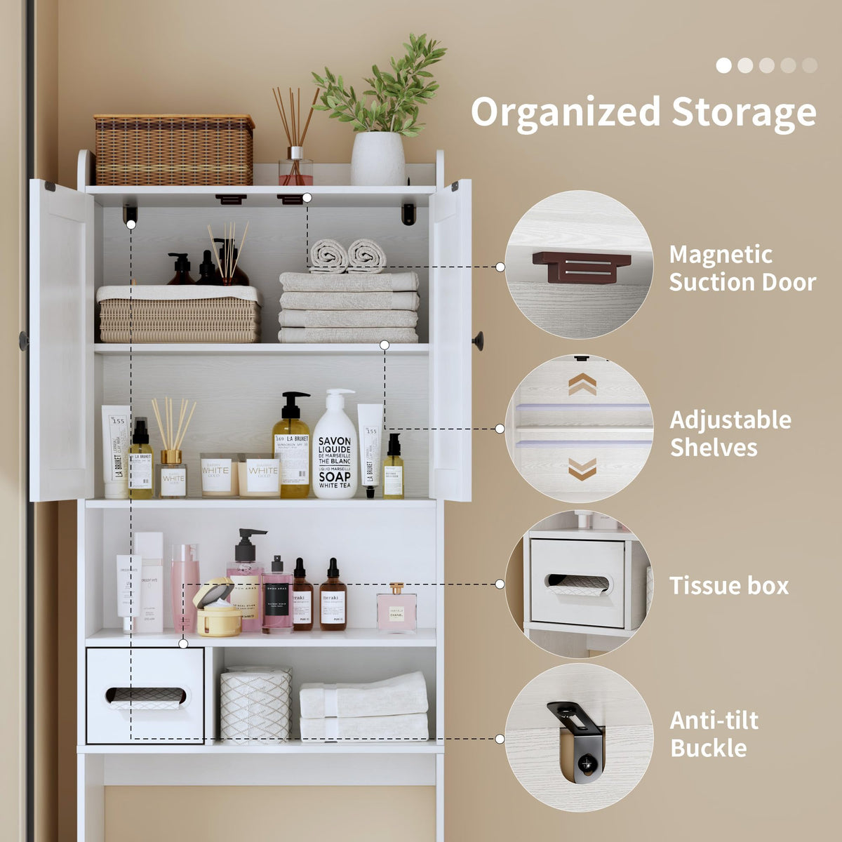 White Over the Toilet Storage Cabinet with Adjustable Shelves E6826