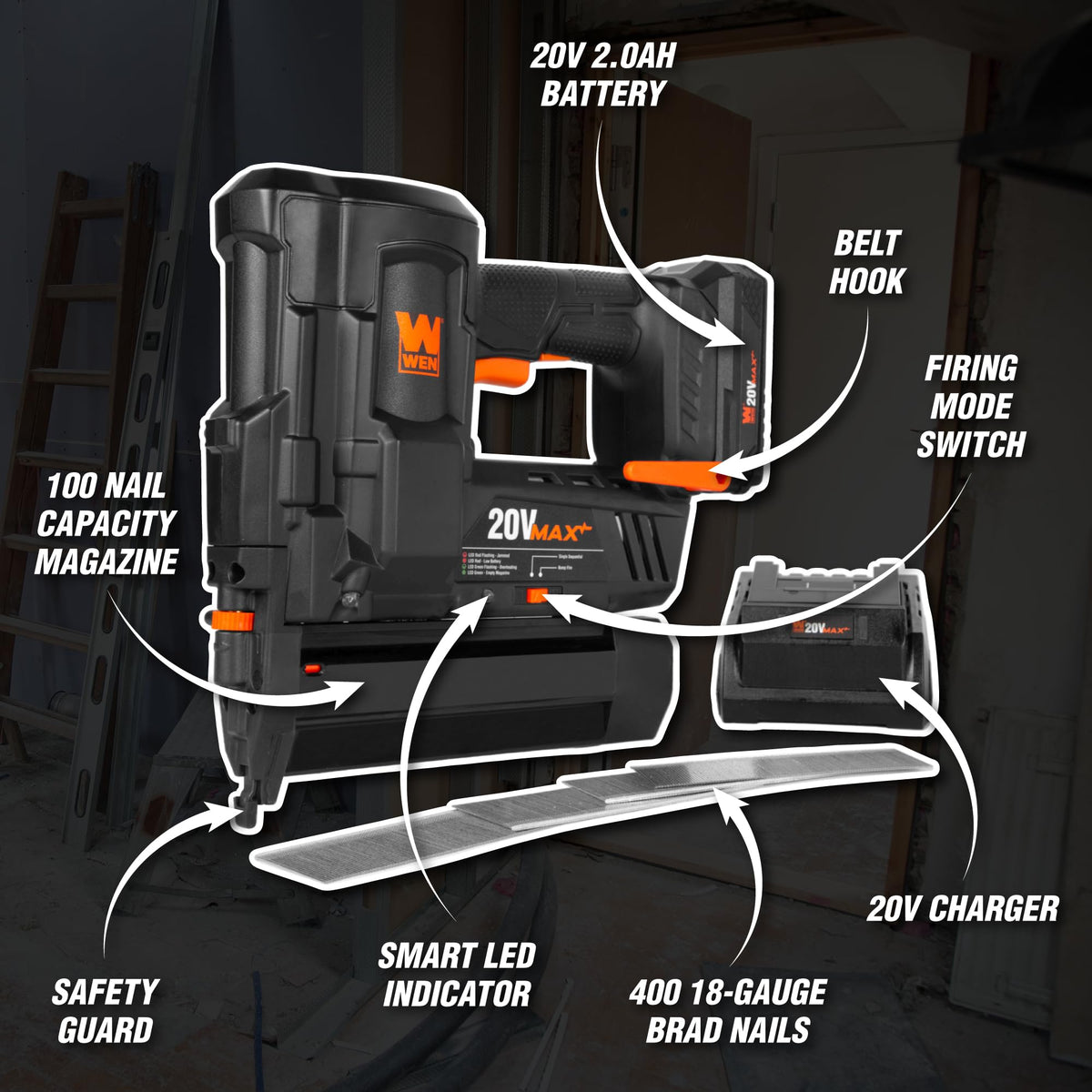 20V Max Cordless 18-Gauge Brad Nailer with Battery and Charger O2854