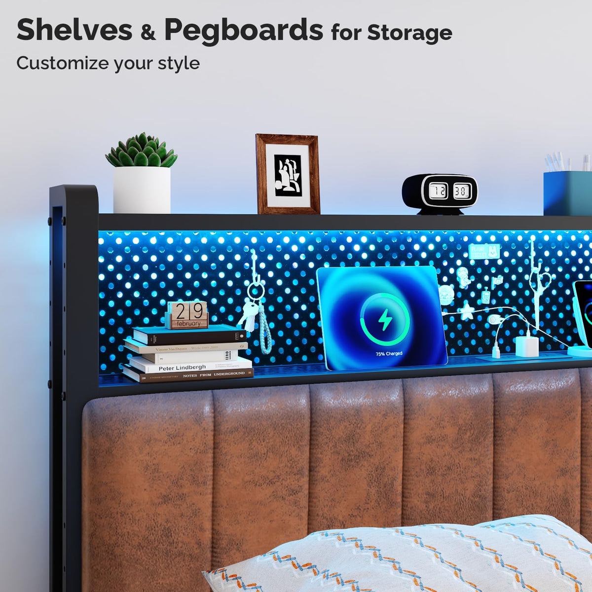 Full Size Faux PU Leather Upholstered Headboard with Charging Stations V330