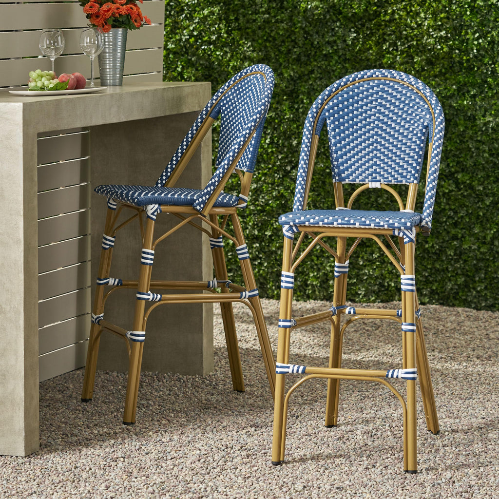 Teal Blue Wicker Rattan Bar Stools Set of 2 Aluminum Frame L645