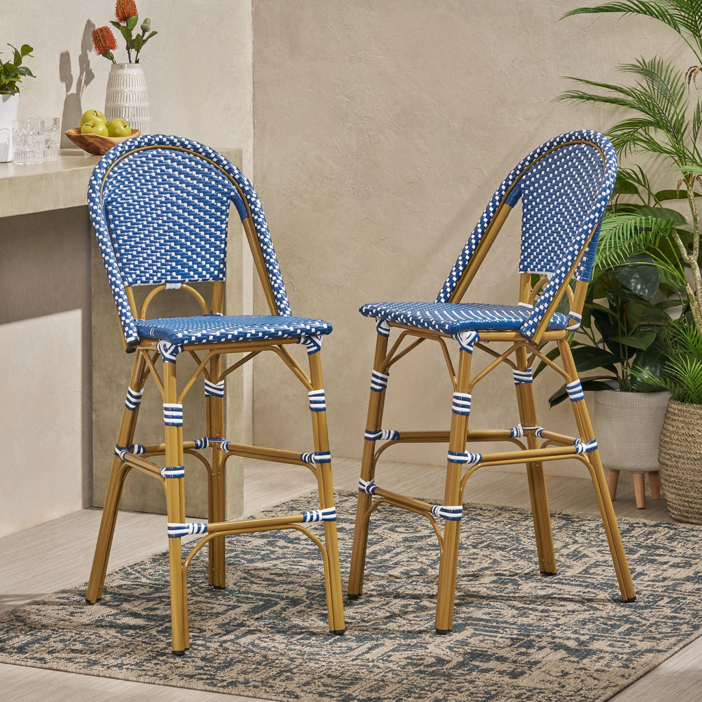 Teal Blue Wicker Rattan Bar Stools Set of 2 Aluminum Frame L645