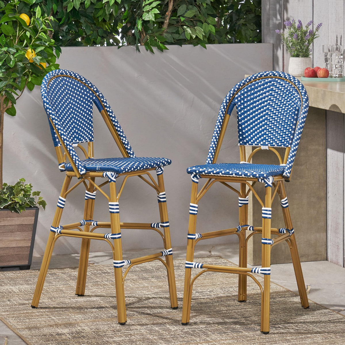 Teal Blue Wicker Rattan Bar Stools Set of 2 Aluminum Frame L645